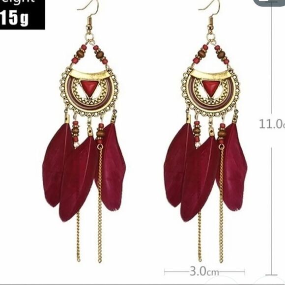 MWT WineRed bohemian feather drop earrings with dangle rope fringe tassel - Picture 6 of 6